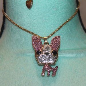 Boston Terrier/Pink & Crystal Necklace